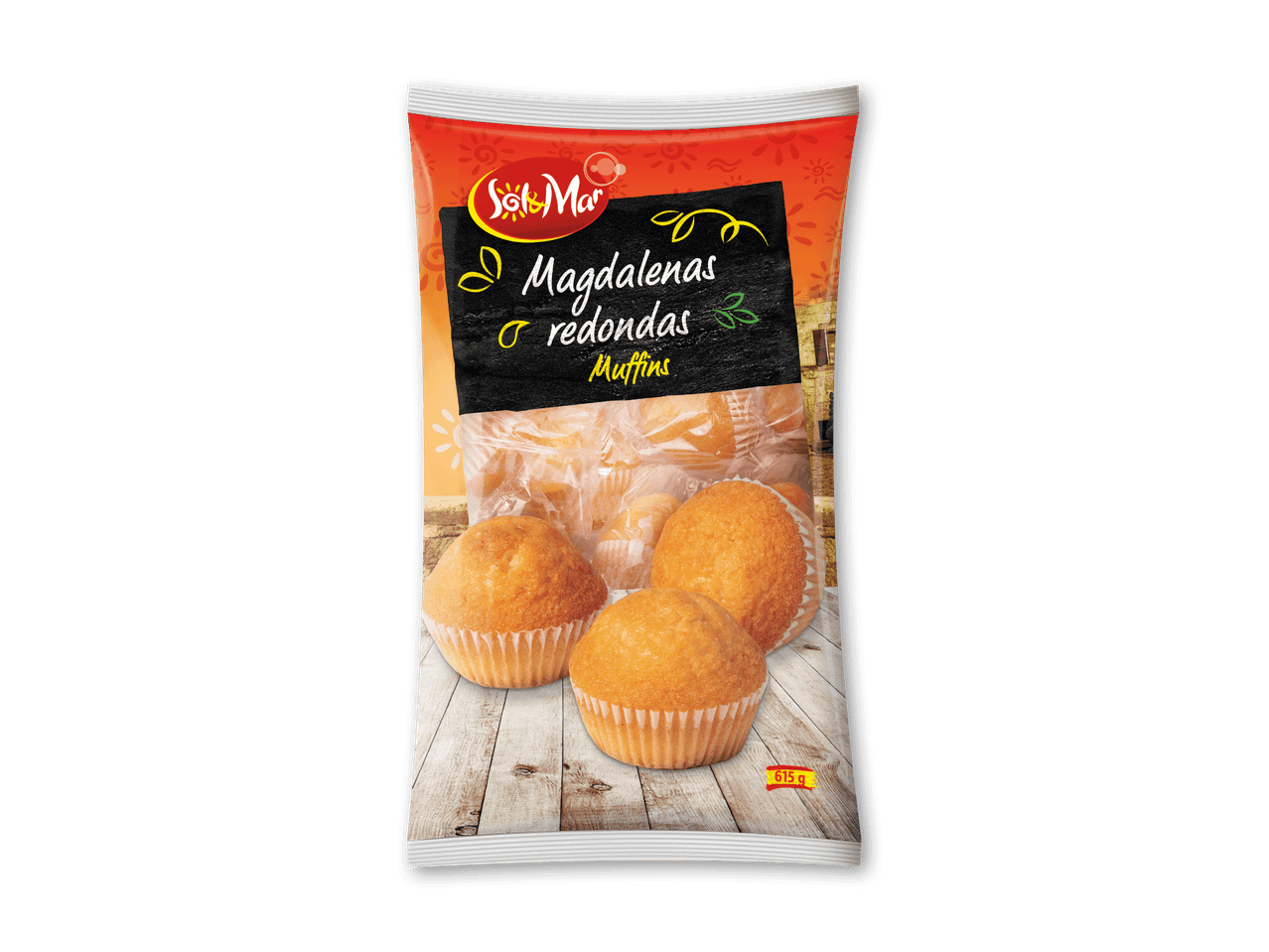En pakke med runde muffins, der viser flere muffins på en træoverflade.
