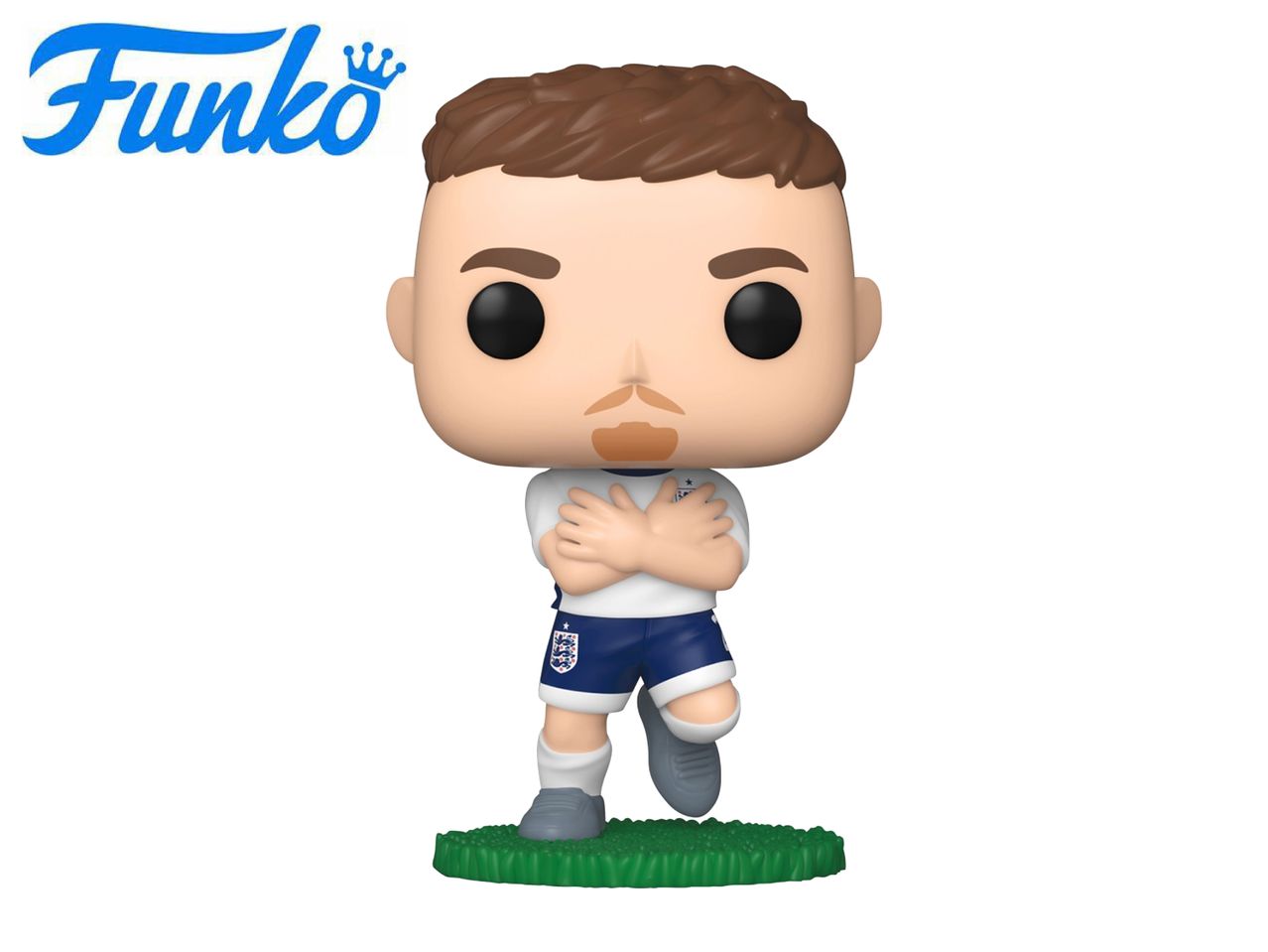 A collectible figurine of a male football player in a white and blue uniform, standing on a green base.