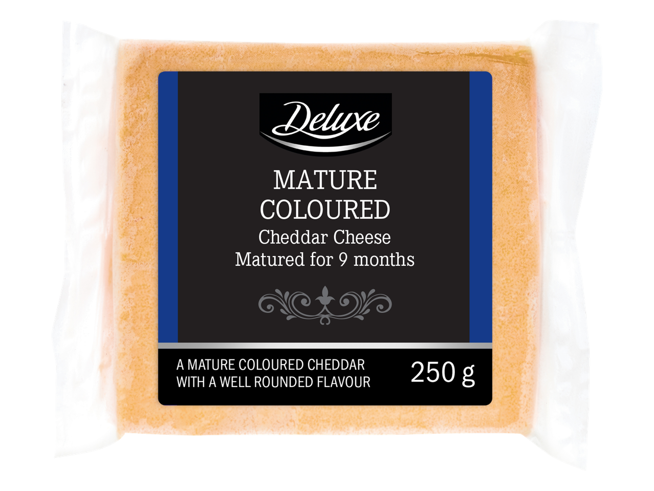 Brânză Cheddar Deluxe Matură Colorată, 250g, maturat timp de 9 luni.
