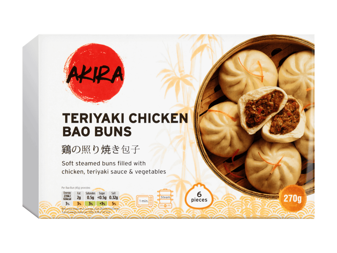 Schachtel mit Teriyaki-Hähnchen-Bao-Brötchen, mit Nährwertangaben und Kochanweisungen.