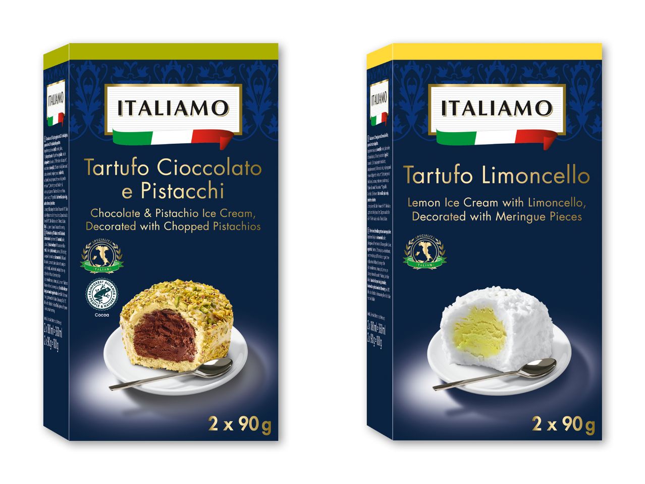 To Italamo ispakninger med chokolade-pistacie og citron-is.