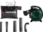 Parkside® Petrol Leaf Vacuum/Blower with various attachments and a storage bag.