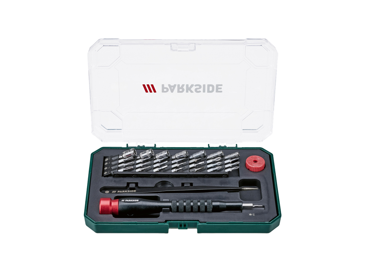 Csavarhúzó készlet bitekkel, csavarhúzóval és csipesszel, zöld és átlátszó tokban.