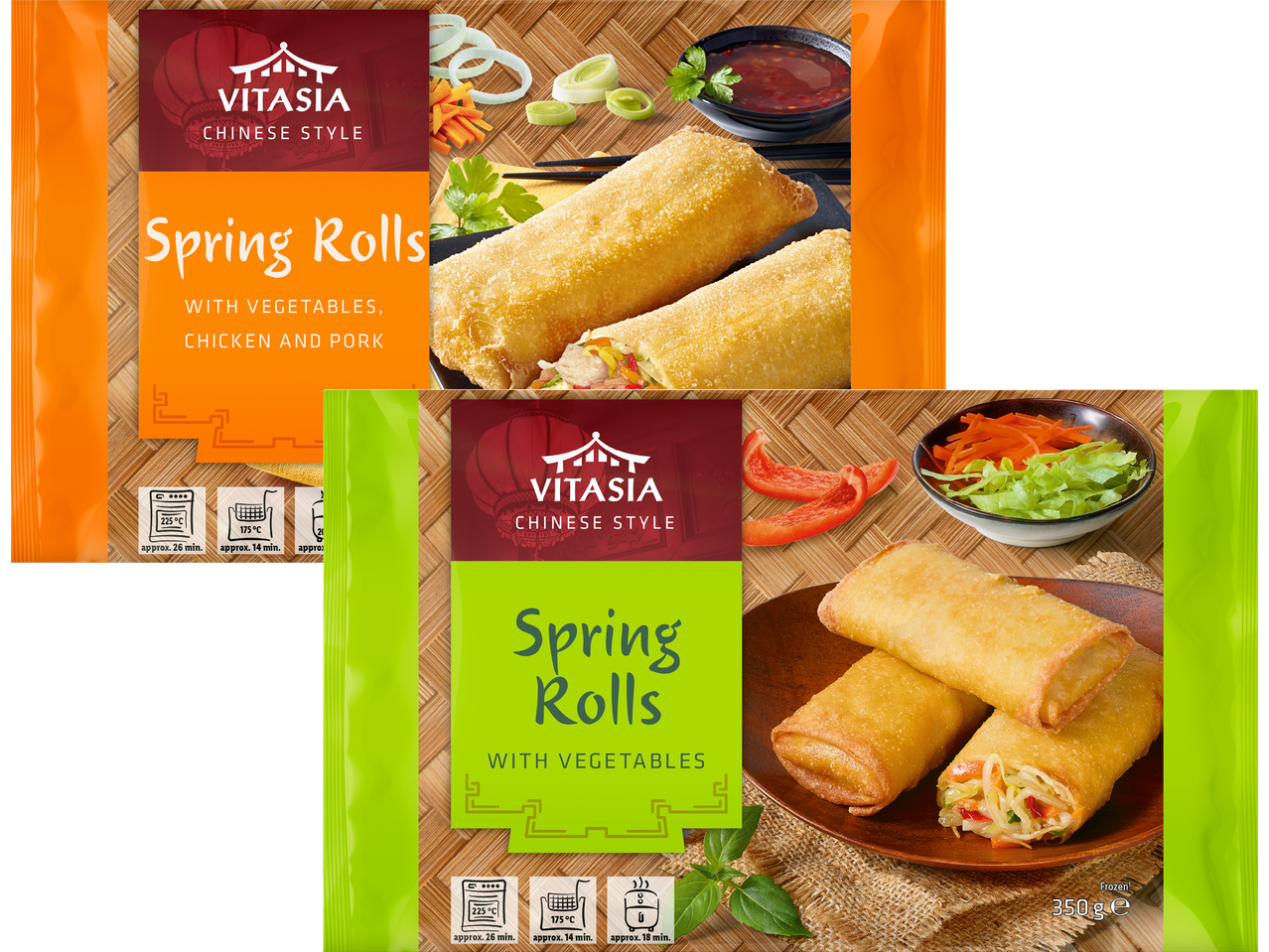 Två förpackningar Vitasias kinesiska vårrullar, en med kyckling och fläsk, en med bara grönsaker.