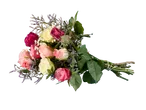 Een boeket rozen in verschillende tinten roze en wit.