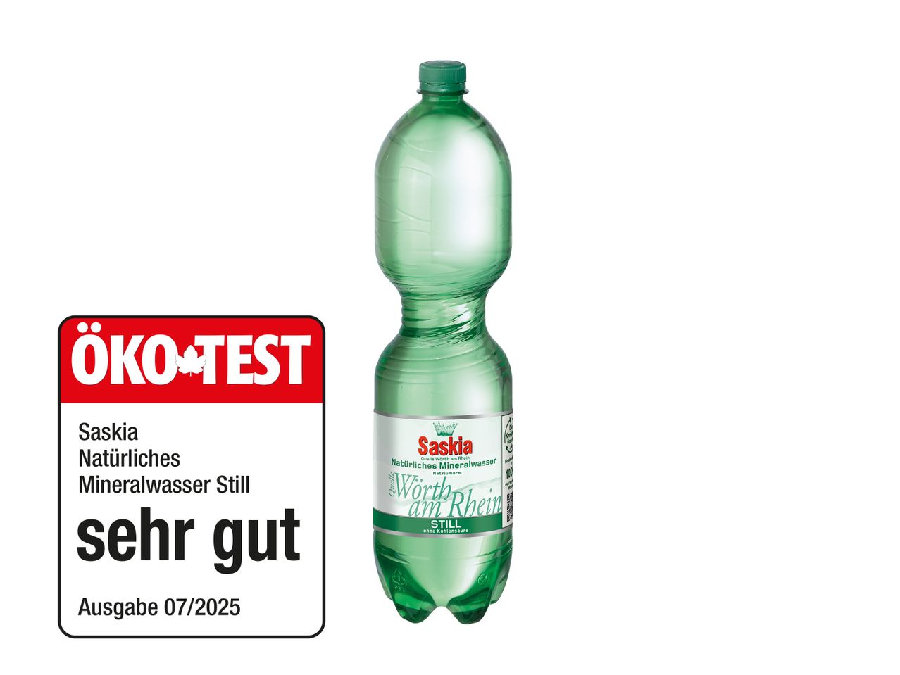 ÖKO-TEST bewertet Saskia Natürliches Mineralwasser Still mit 'sehr gut' (Ausgabe 07/2025).
