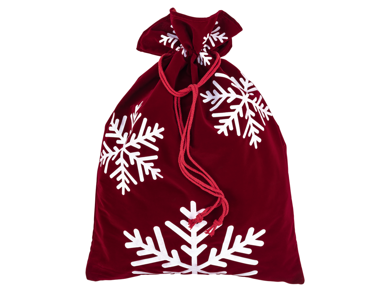 Raudonas aksominis LIVARNO HOME® dovanų maišelis su virvele ir baltais snaigėmis.