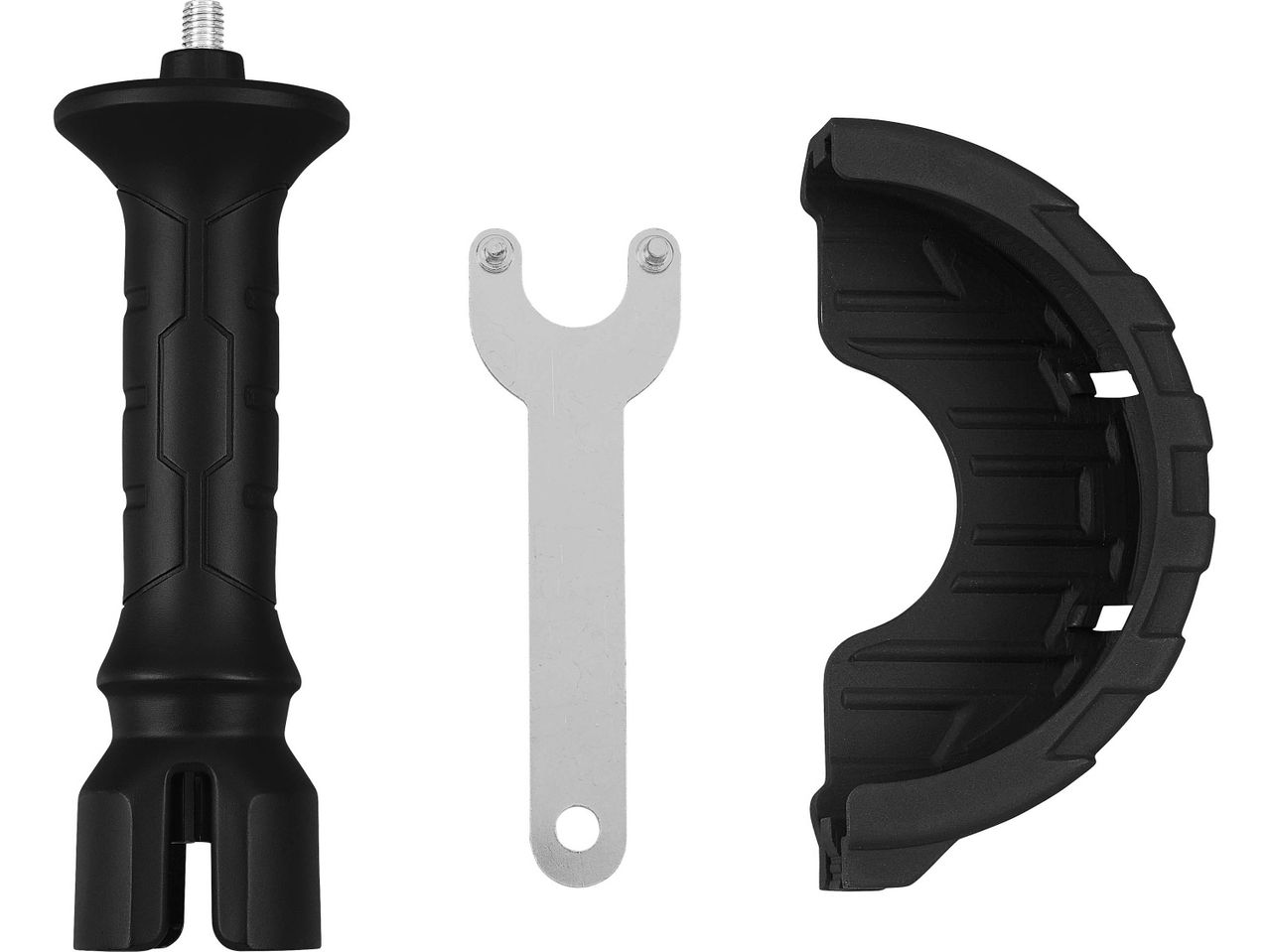 Black angle grinder handle with a wrench and a protective cover