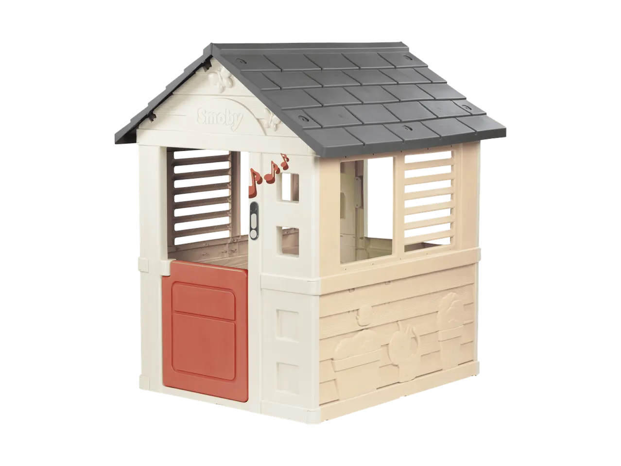 Kinderspielhaus mit grauem Dach, roter Tür und Wanddekorationen.