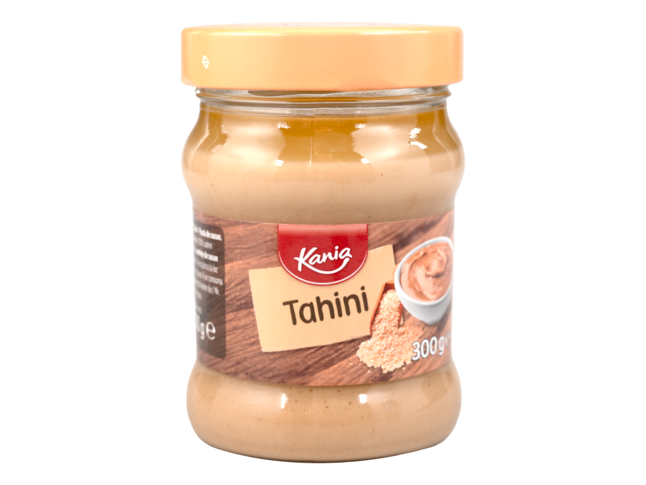 Kania Tahini Pastă de susan într-un borcan de sticlă cu capac portocaliu, 300g.