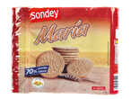Embalagem de biscoitos Maria da marca Sondey, com 70% cereais e óleo de girassol.