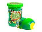 A jar of green Mad Mattr slime with a separate, partially removed blob of the slime.