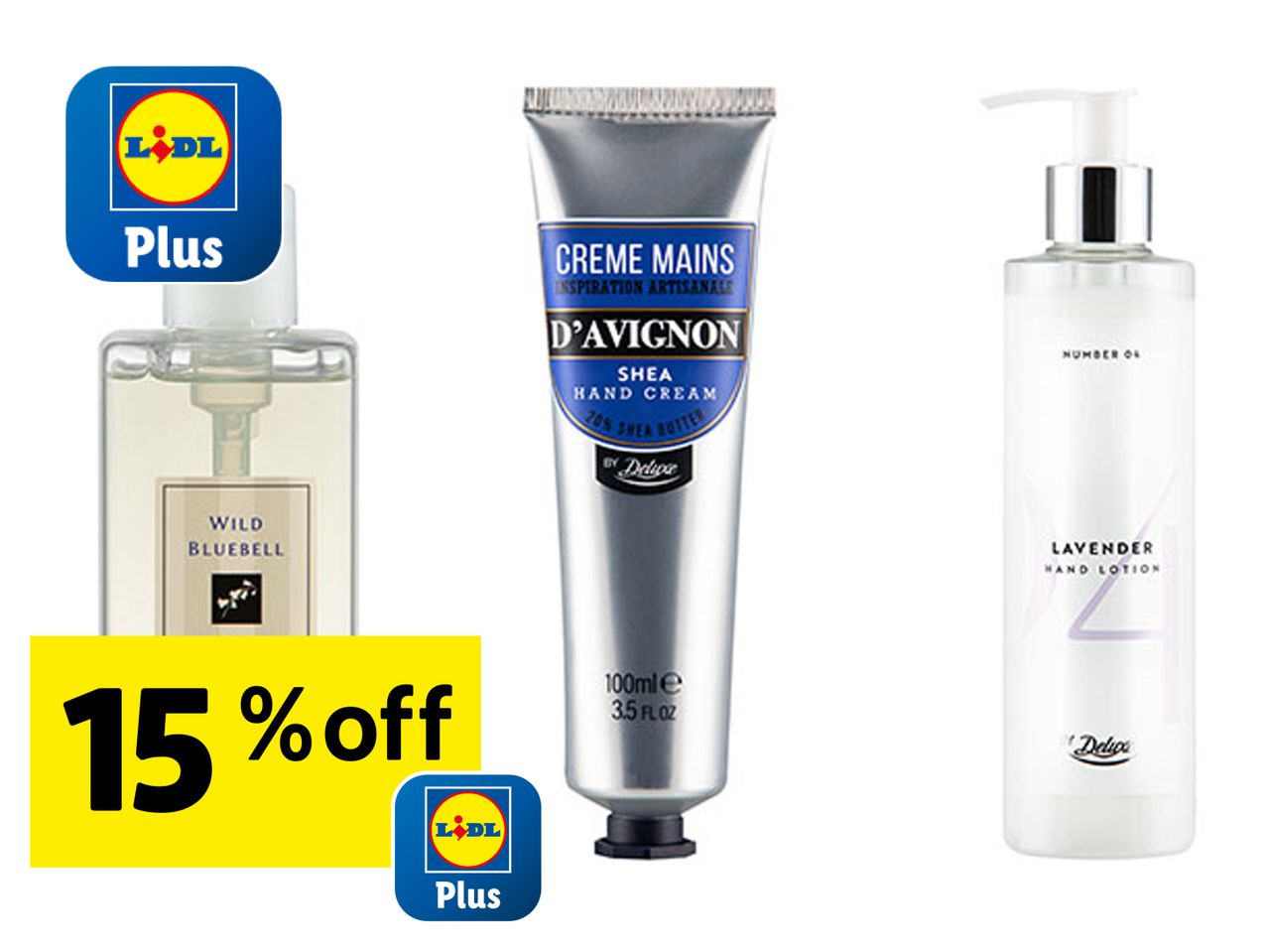 Lidl Plus 15% off: hand wash, men's hand cream, and a lotion dispenser.