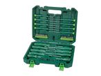 Green screwdriver set with various sizes and bits in an open case.