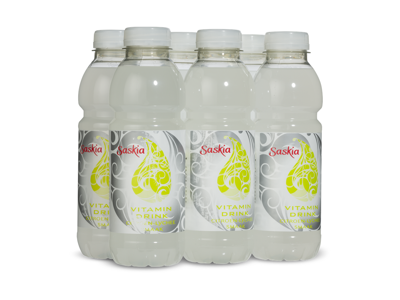 Een sixpack flessen met vitamine drank met citroen-lychee smaak.