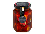 Bocal de pepperoncinis farcis au fromage, avec des informations nutritionnelles et de recyclage.