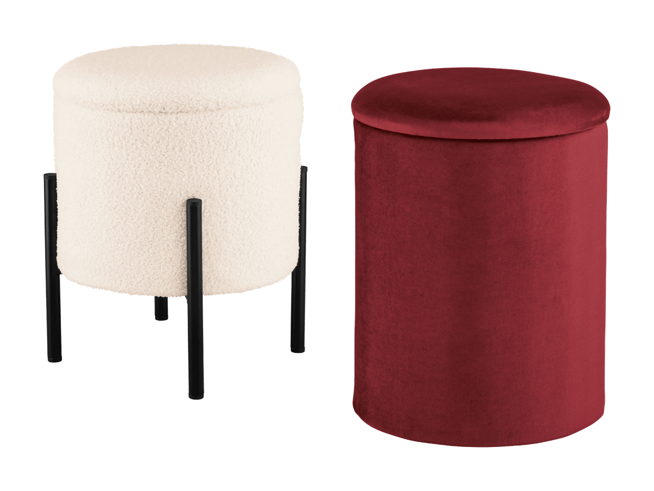 Deux poufs ronds, un blanc bouclé avec des pieds noirs et un rouge bordeaux en velours.