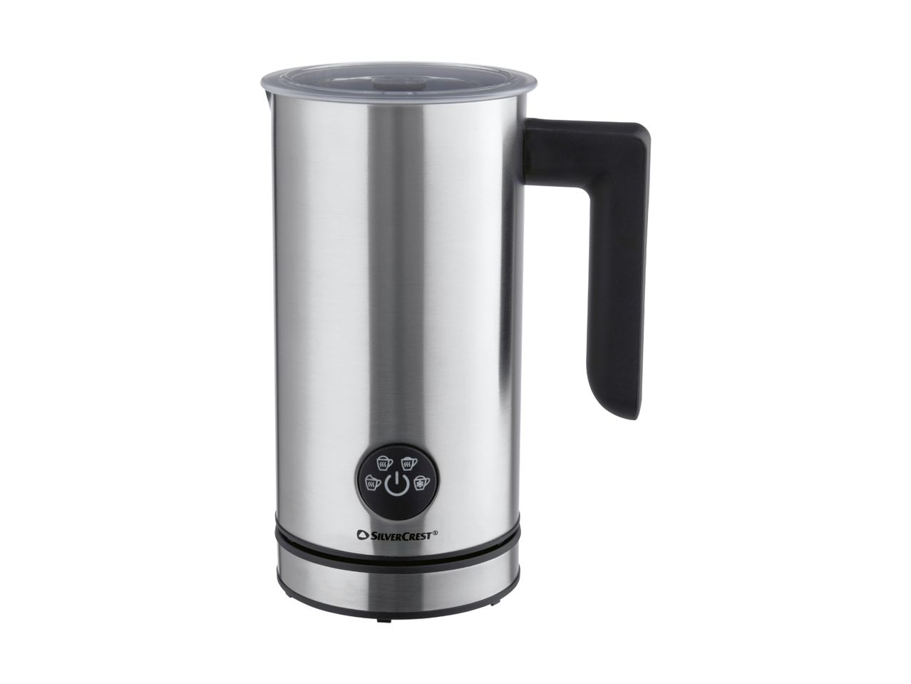 Stainless steel milk frother with a black handle and control panel.