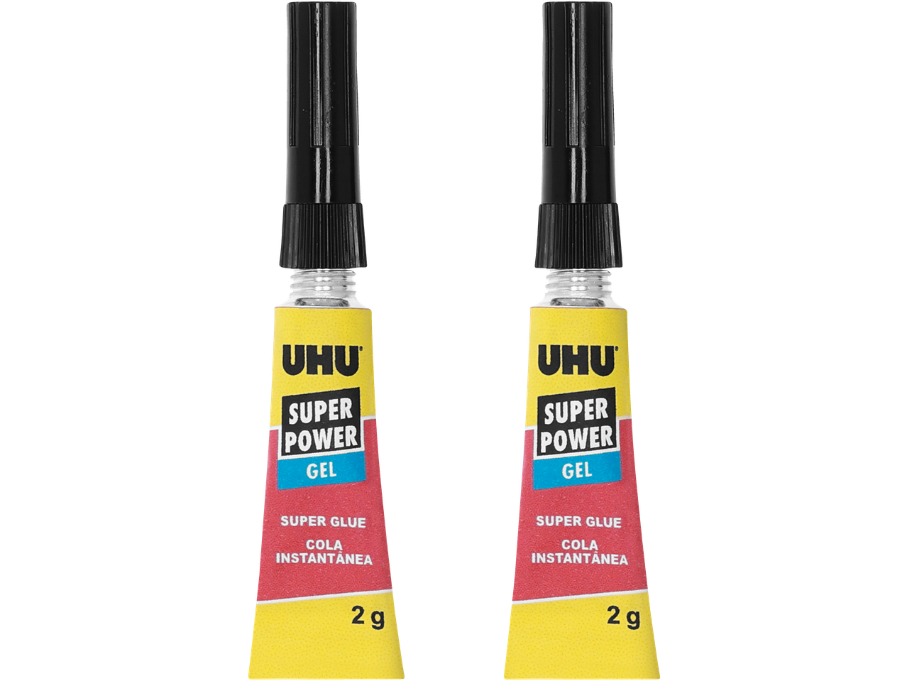 Duas embalagens de UHU Super Power Gel, cola instantânea de 2g.