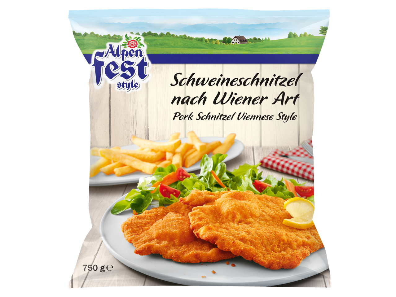 Alpen Fest varkens schnitzels, friet en salade.