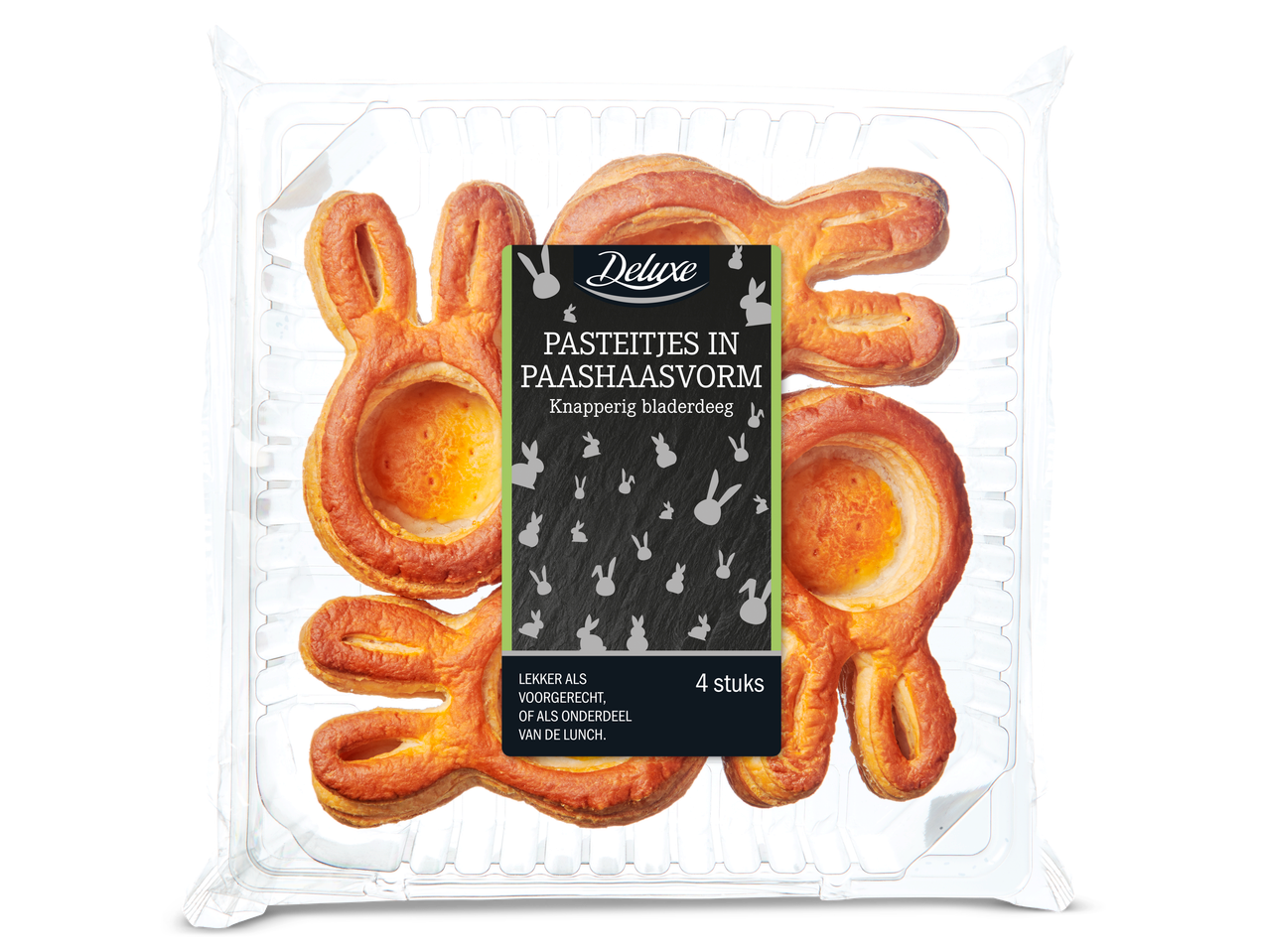 Deluxe Paashaaspasteitjes: 4 knapperige bladerdeegpasteitjes in de vorm van paashazen.