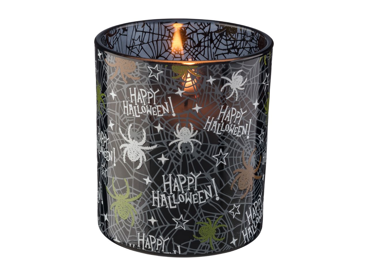 Halloween candle in a glass jar with spiderweb, spider, and 'Happy Halloween!' designs.