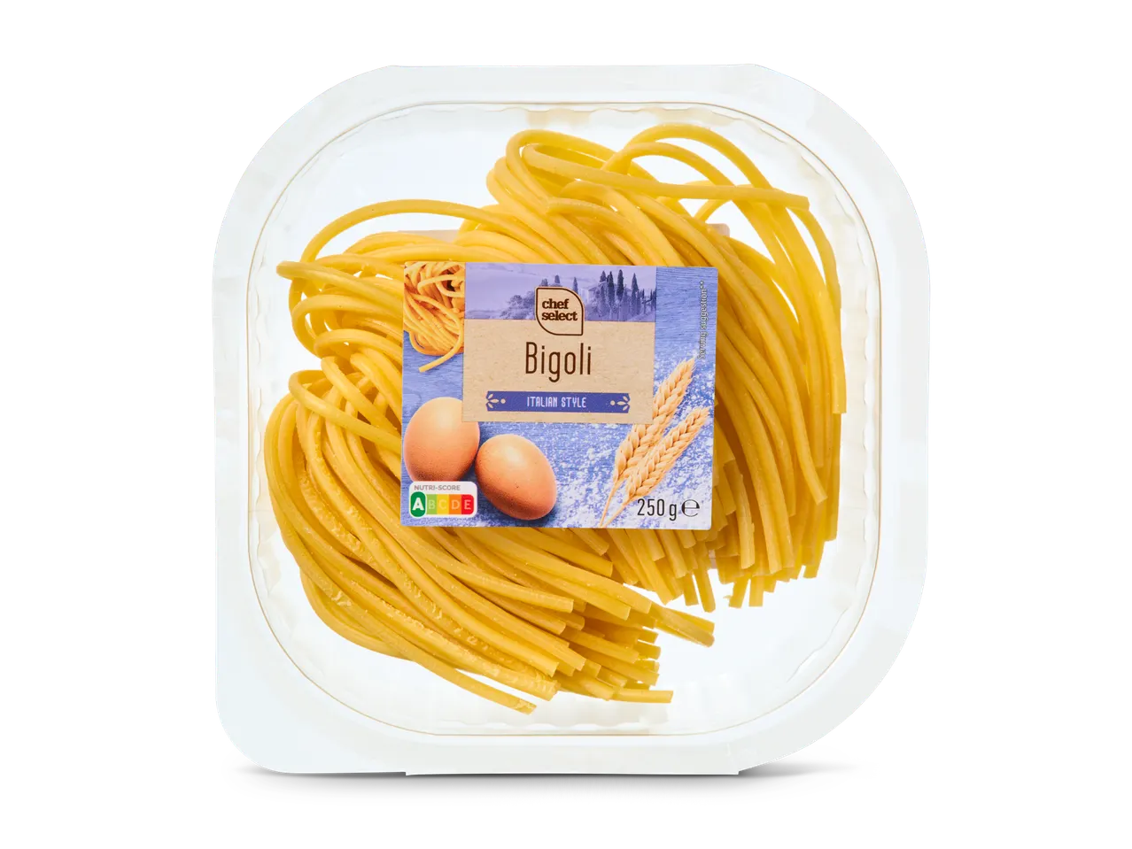 Chef Select Bigoli: Italiaanse pasta in transparante verpakking.