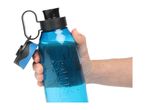 A hand holding a blue reusable water bottle with an open cap.