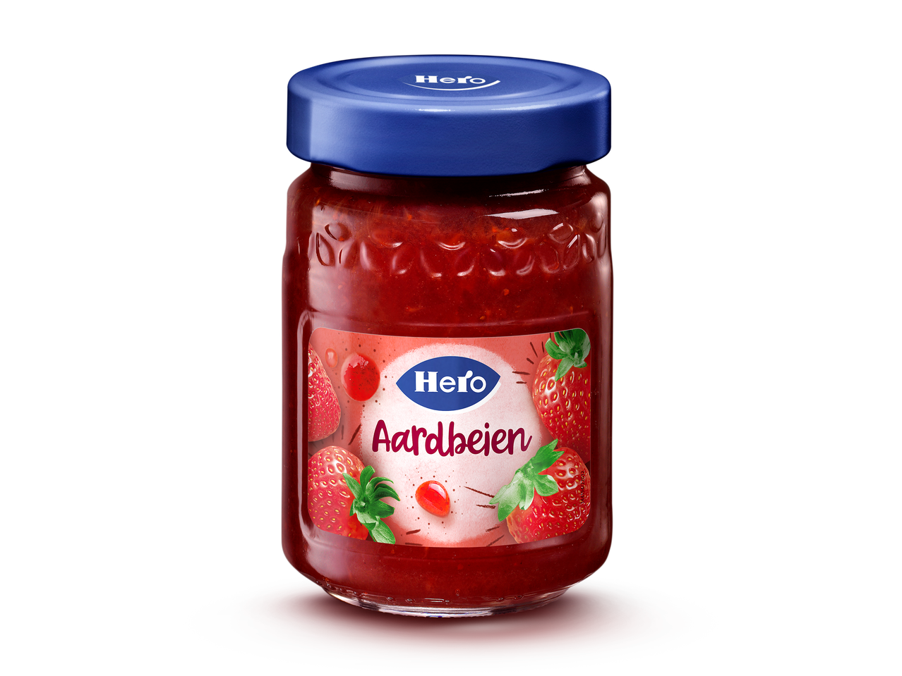 Een glazen pot aardbeienjam met een blauw deksel en een etiket met aardbeien.