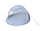 Light blue pop-up beach shelter with dark blue trim and guy ropes.