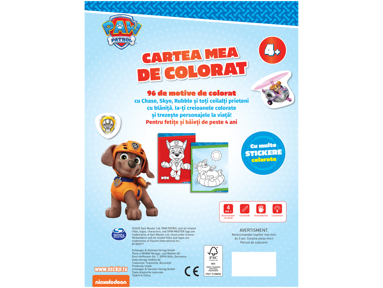 Carte de colorat Paw Patrol cu 96 de motive și multe stickere colorate.