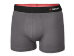 Boxer homme gris avec ceinture noire et bande intérieure rouge.