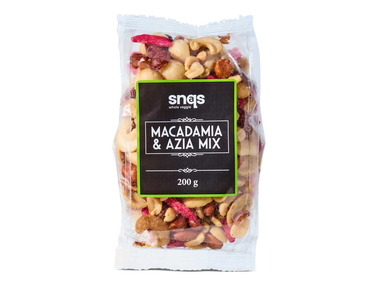Snaqs Macadamia & Azia Mix: 200g notenmix in verpakking