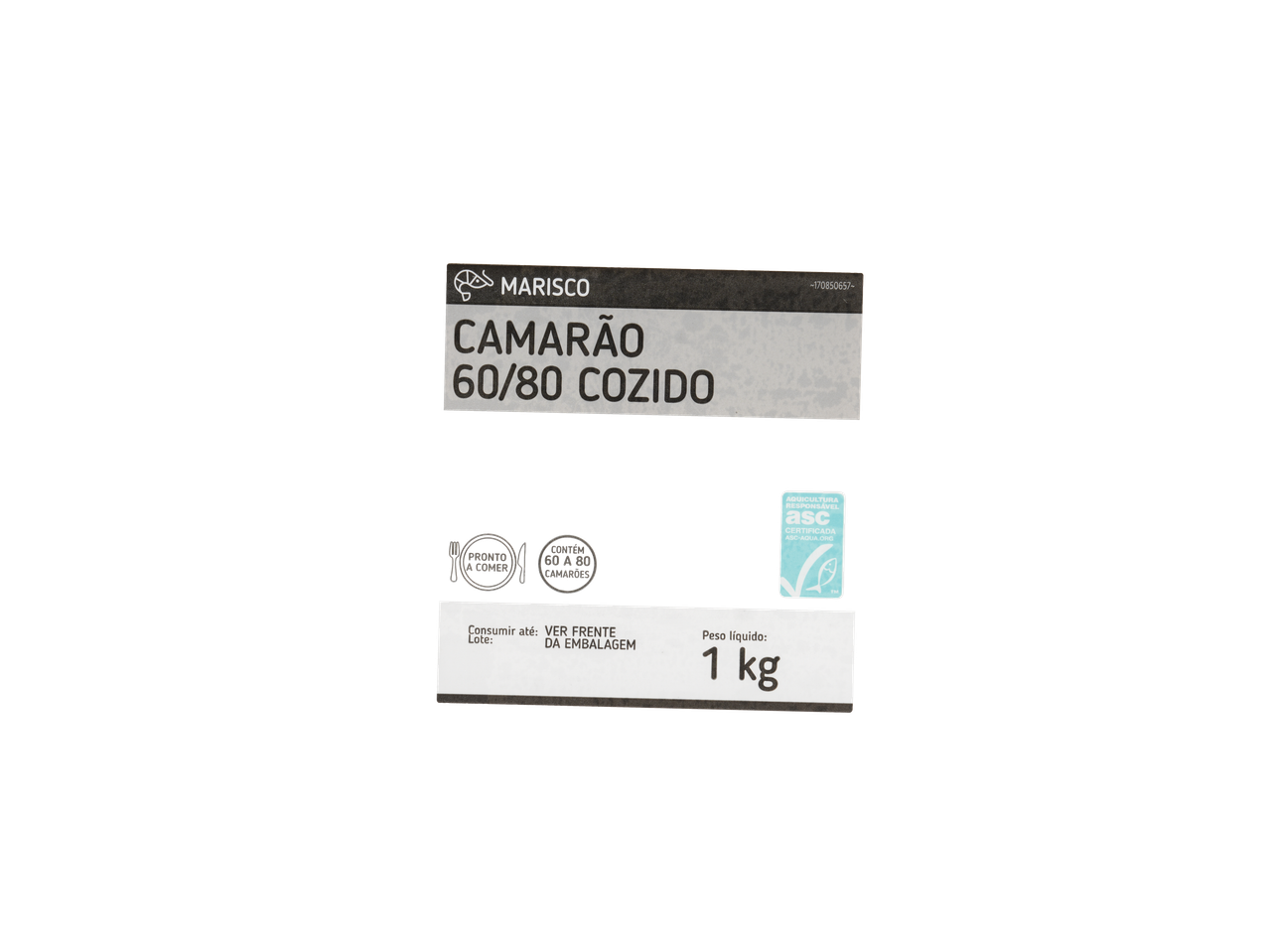 Embalagem de camarão cozido 60/80 da marca Marisco, 1 kg.