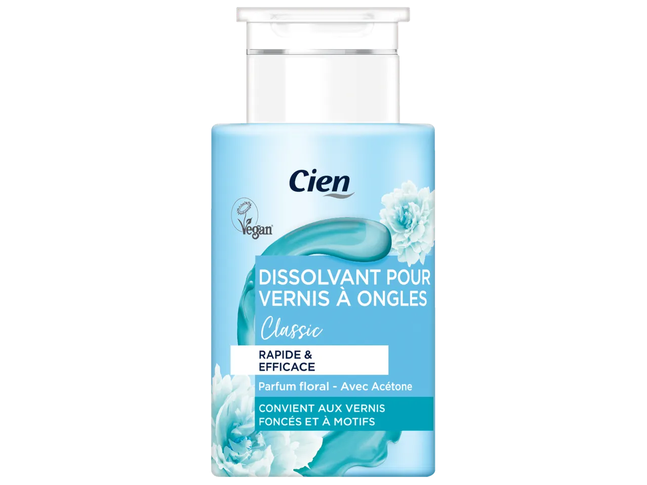 Dissolvant Cien Classic : rapide et efficace, parfum floral.