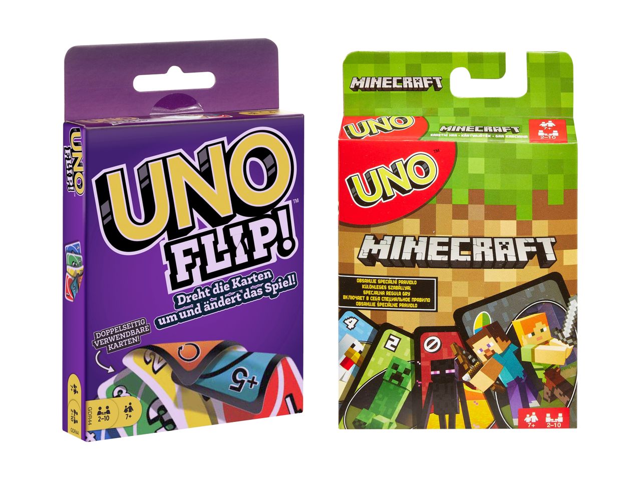 Zwei Kartenspiele, eines mit dem Thema „Flip“ und das andere mit dem Thema „Minecraft“.