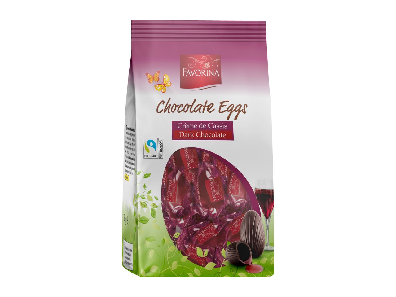 Chocolate Eggs with Crème de Cassis Dark Chocolate, Fairtrade cocoa.