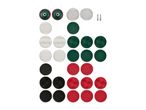 A set of polishing pads in various colors and textures, including white, green, black, and red, with two attachment screws.