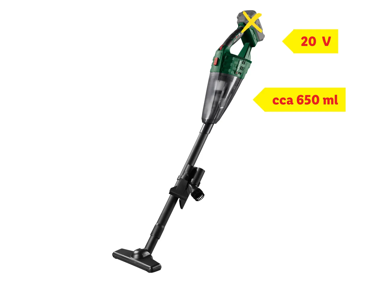 Zeleni bežični usisavač s natpisom '20 V' i 'cca 650 ml' na žutim strelicama.