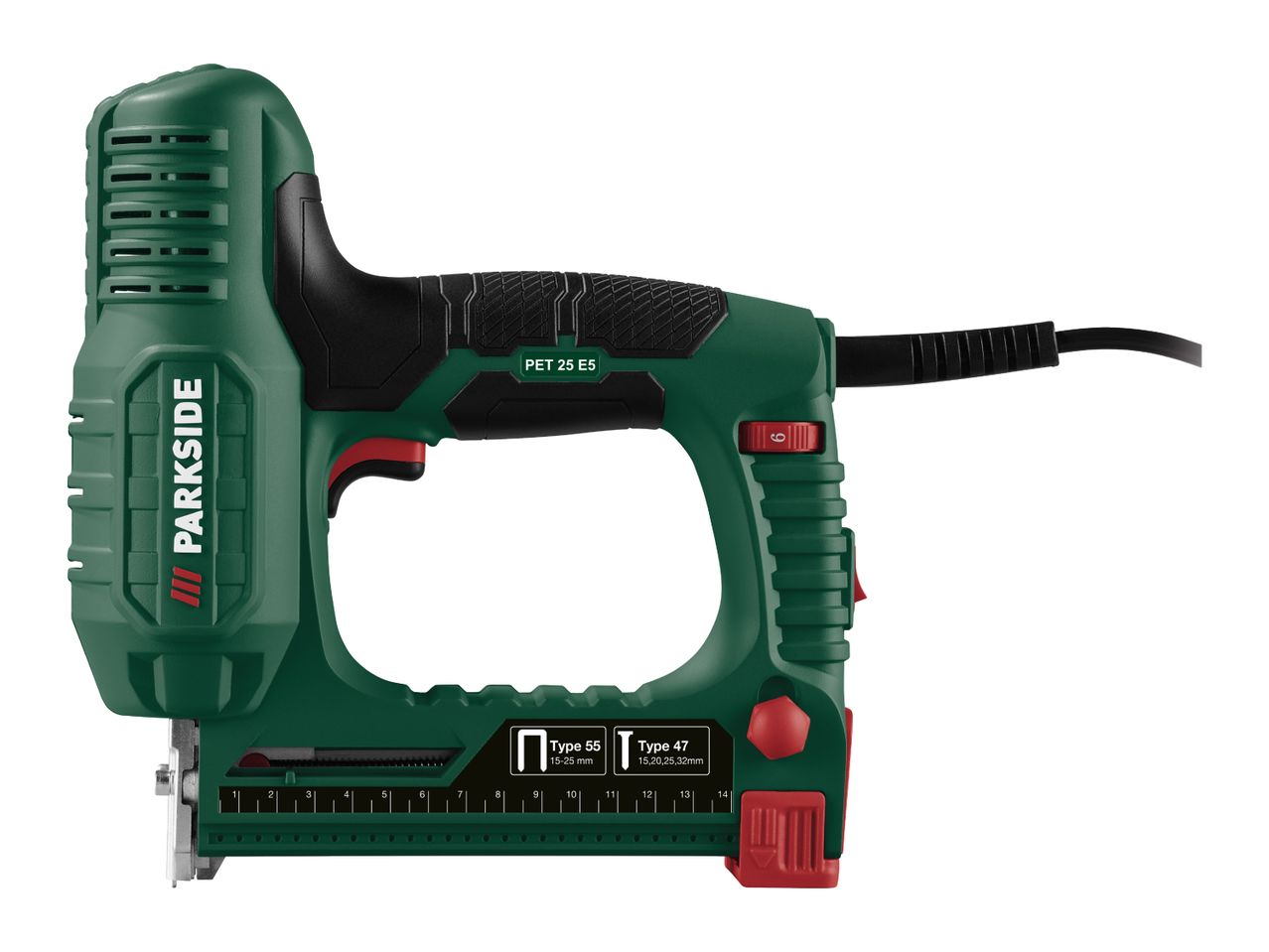 Green electric stapler with black accents, featuring controls and specifications for staple types 55 and 47.