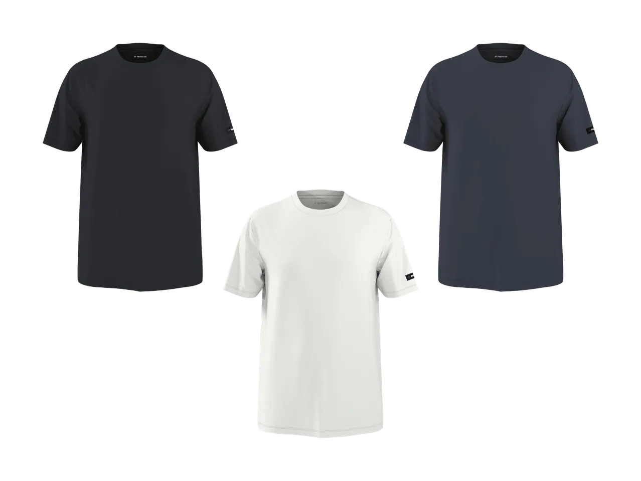 Trois t-shirts à manches courtes en gris foncé, bleu marine et blanc