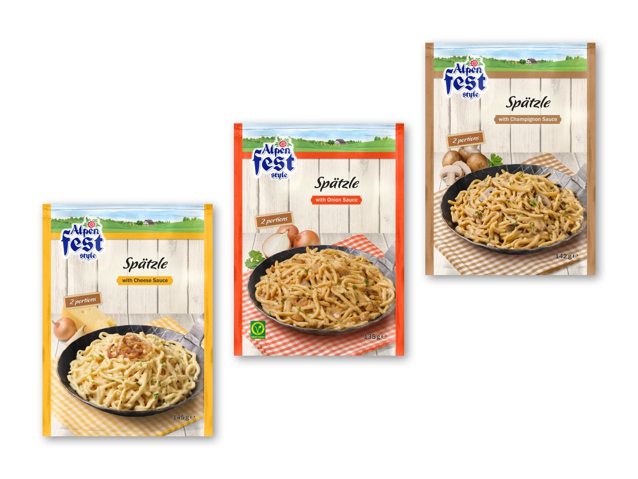 Tre pakker spätzle med forskellige saucer: ost, løg og champignon.