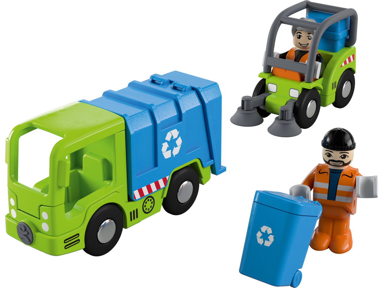 Žaislinis šiukšliavežis, gatvių šlavimo mašina ir darbuotojas su šiukšliadėže