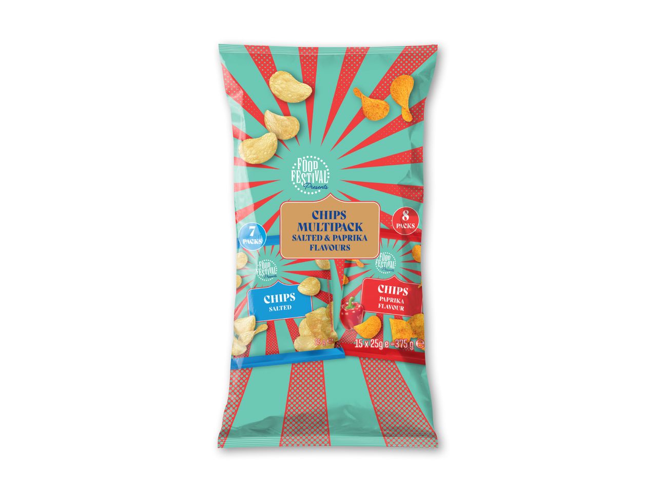 En multipakke chips med saltede og paprika-smag, 15 x 25g, i en farverig emballage.