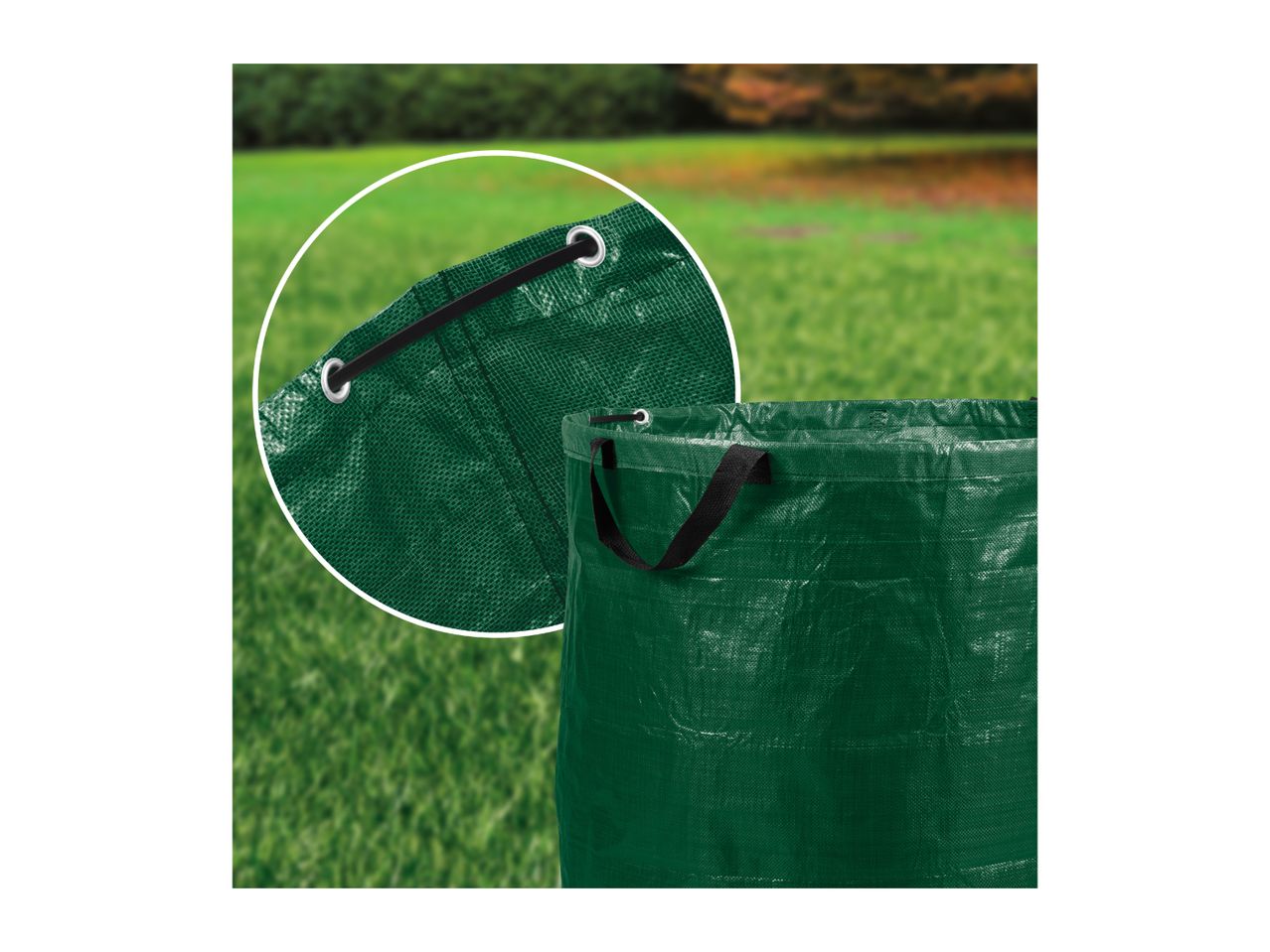 Green garden waste bag with a close-up of its drawstring eyelets.