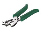 A green and silver leather hole punch tool with a rotating head for different hole sizes.