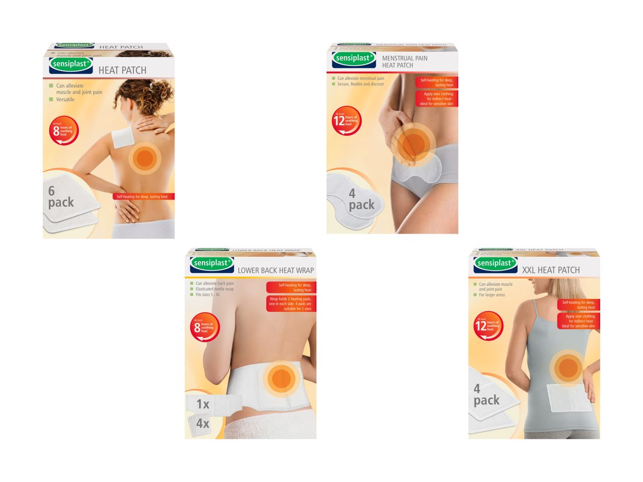 Fire pakker varmepuder: til ryg, menstruation og store områder, der giver 8-12 timers varme.
