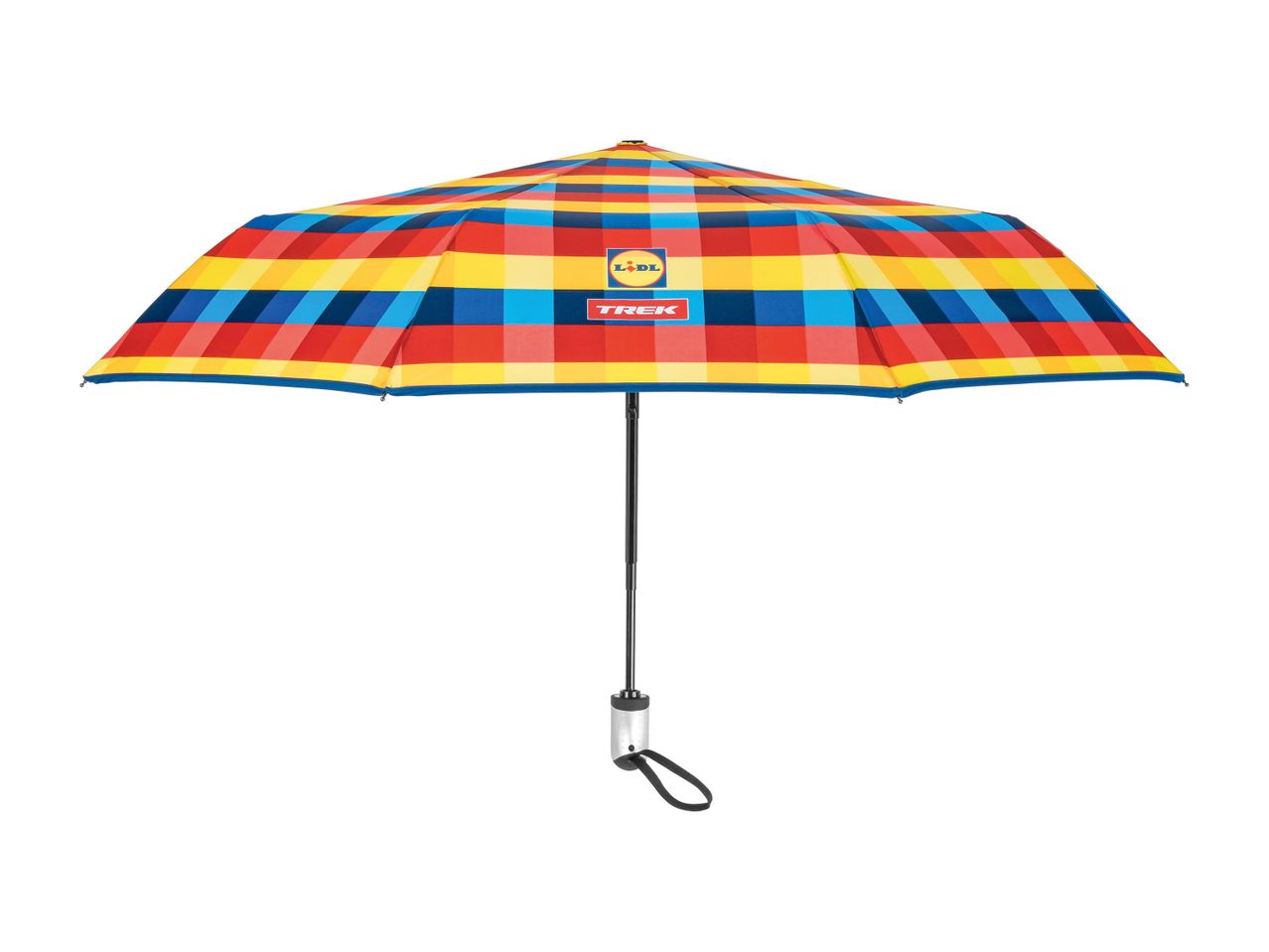 Lidl és Trek márkájú, színes kockás esernyő.