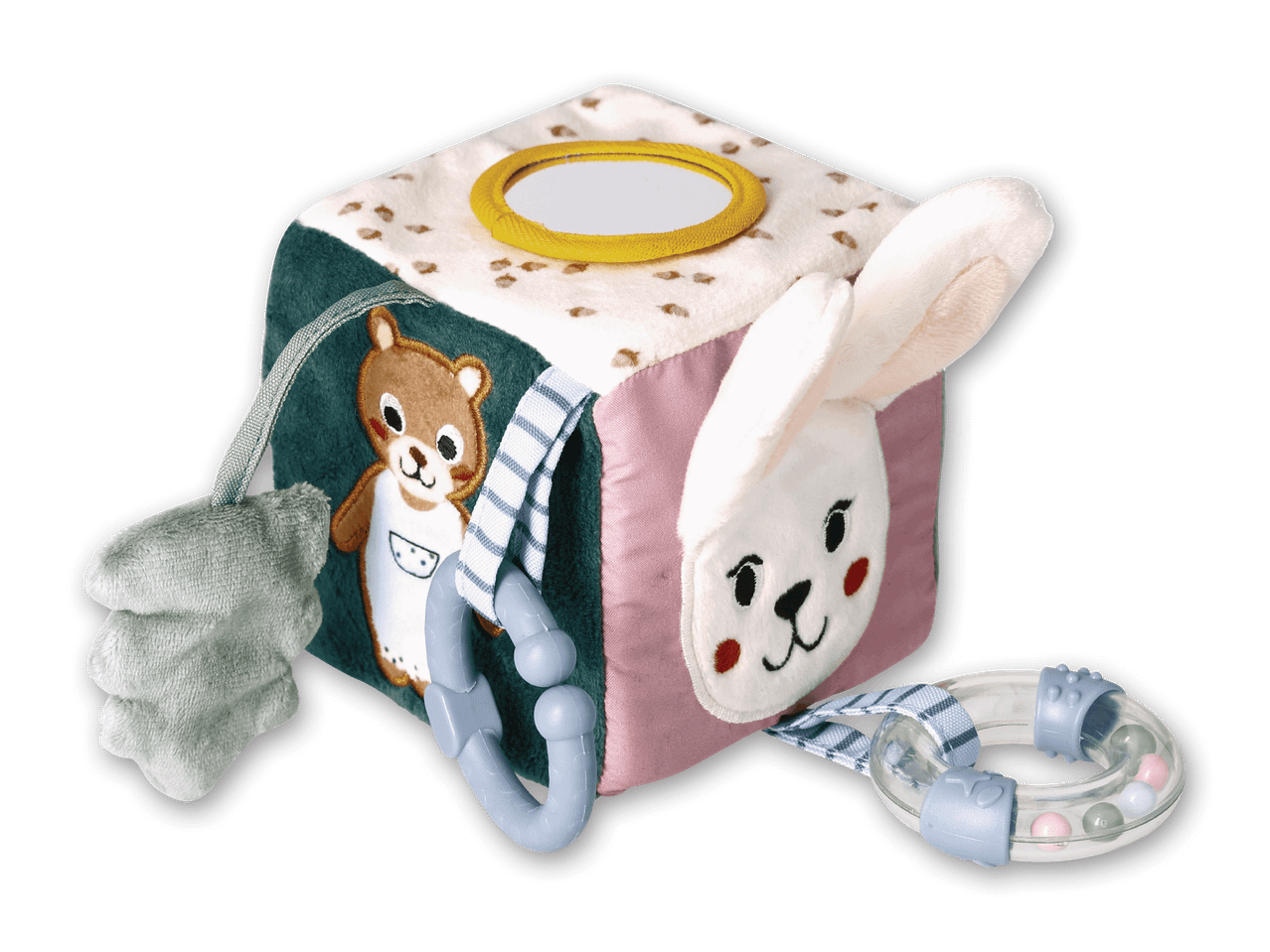 Kuschelkubus mit Hasen- und Eichhörnchenmotiv für Babys.