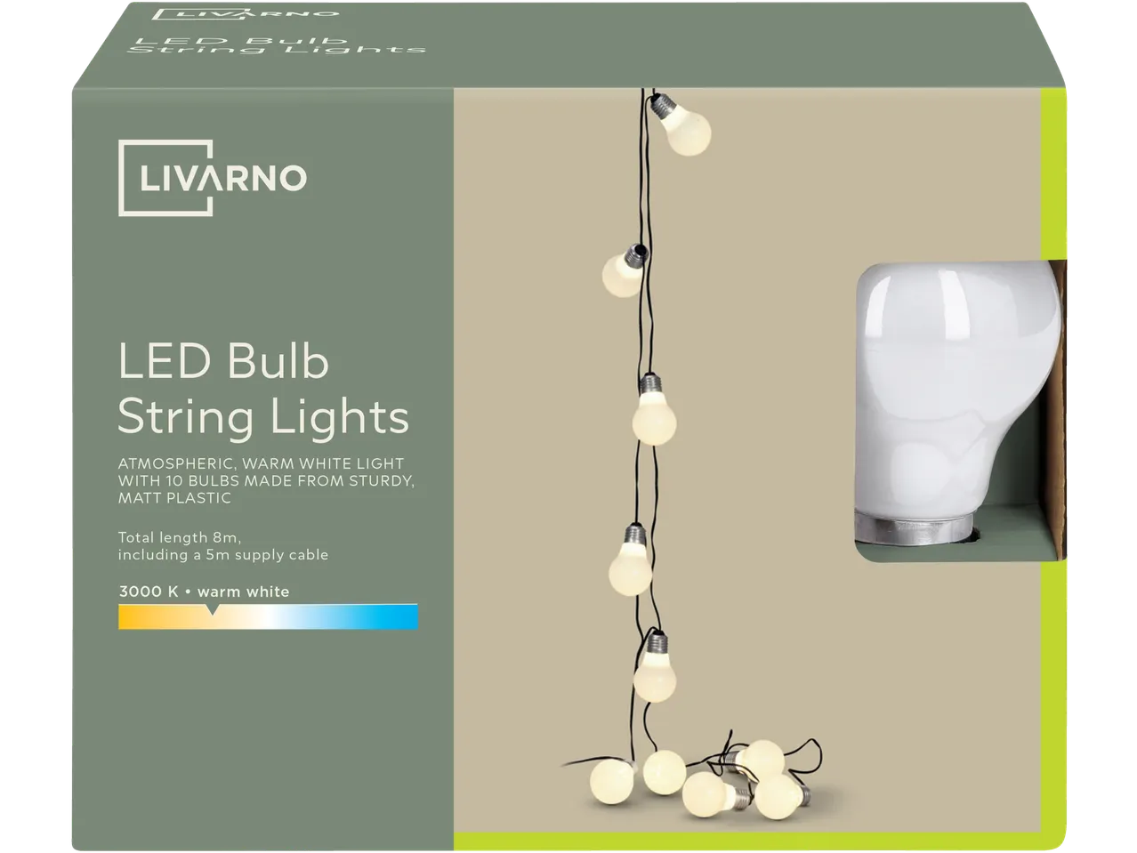LED bulb string lights with 10 warm white bulbs, 8m total length, 3000K.